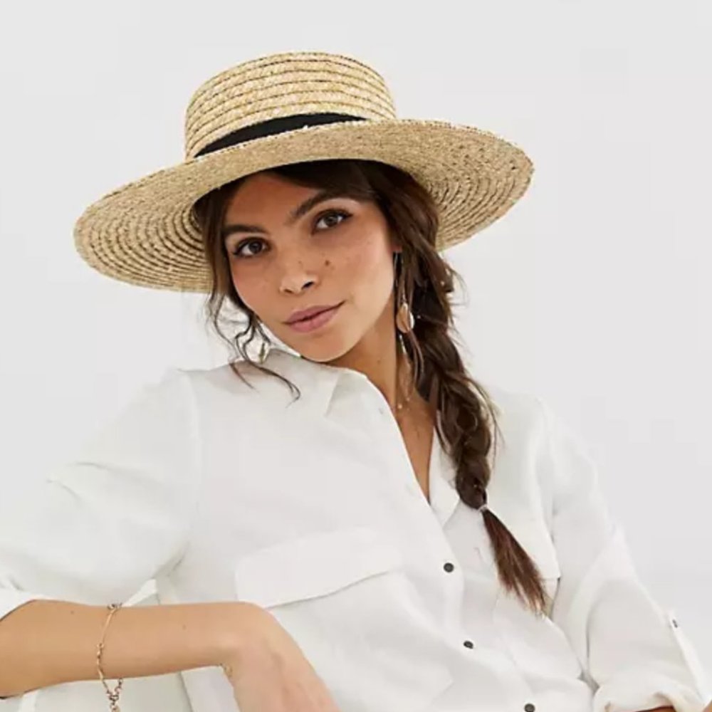 ASOS DESIGN natural straw easy boater with size ad